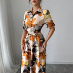 Womens Blouse-collar Puff-sleeve Cross-tie Waist Printed Dress