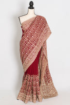 Mohey | Maroon and Gold Georgette Bridal Saree | Elegant Royal Festive Wear