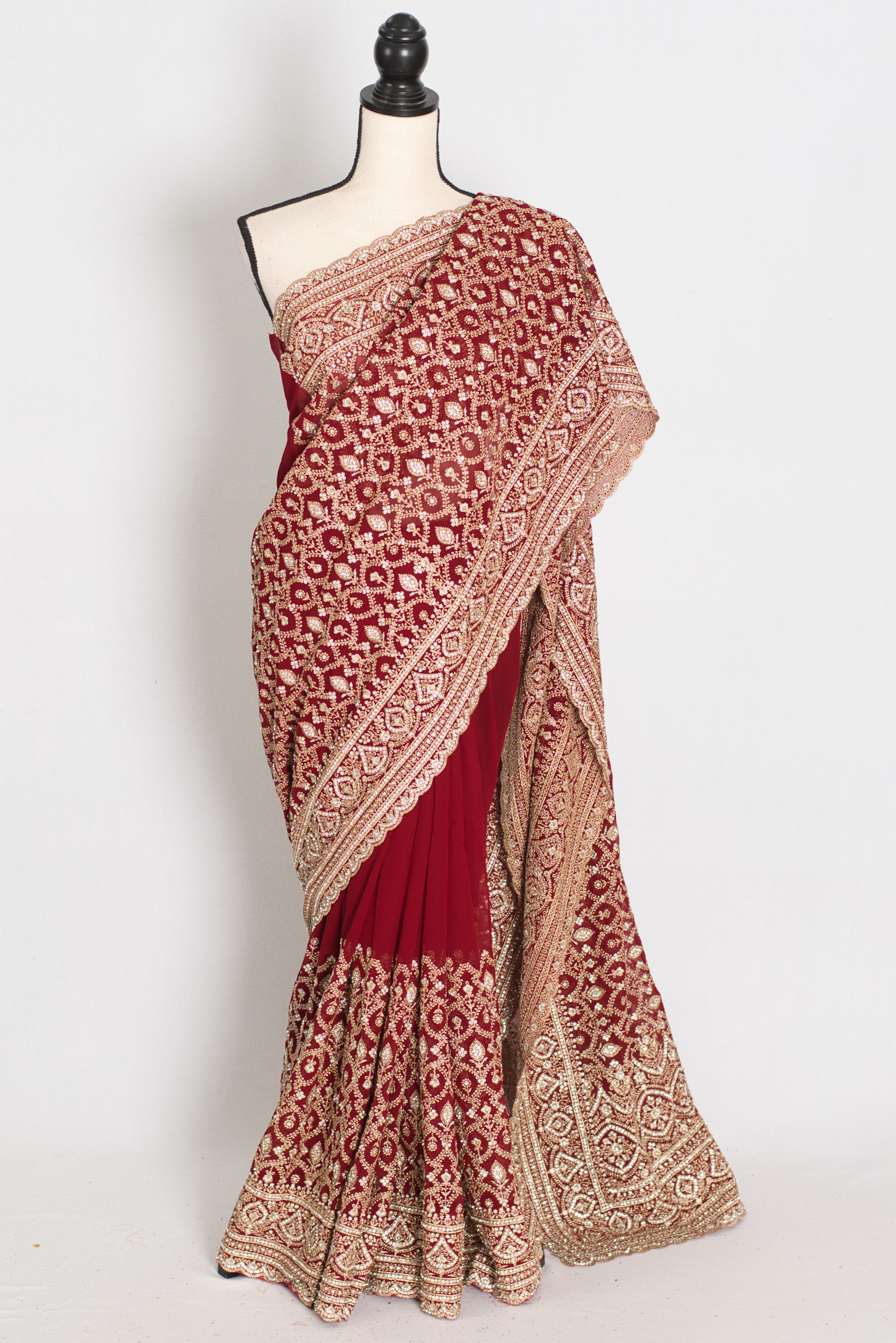 Mohey | Maroon and Gold Georgette Bridal Saree | Elegant Royal Festive Wear