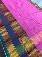 Abira : Handwoven Kanchi Cotton Saree in Pink and Peacock Blue