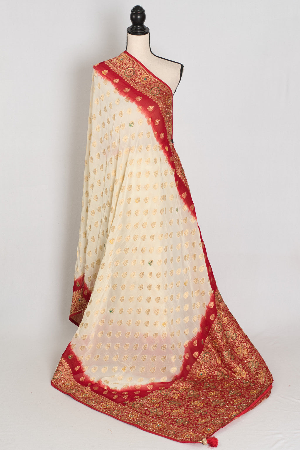 Maya | Off-White & Red Crepe Georgette Banarasi Saree | Bengali Look