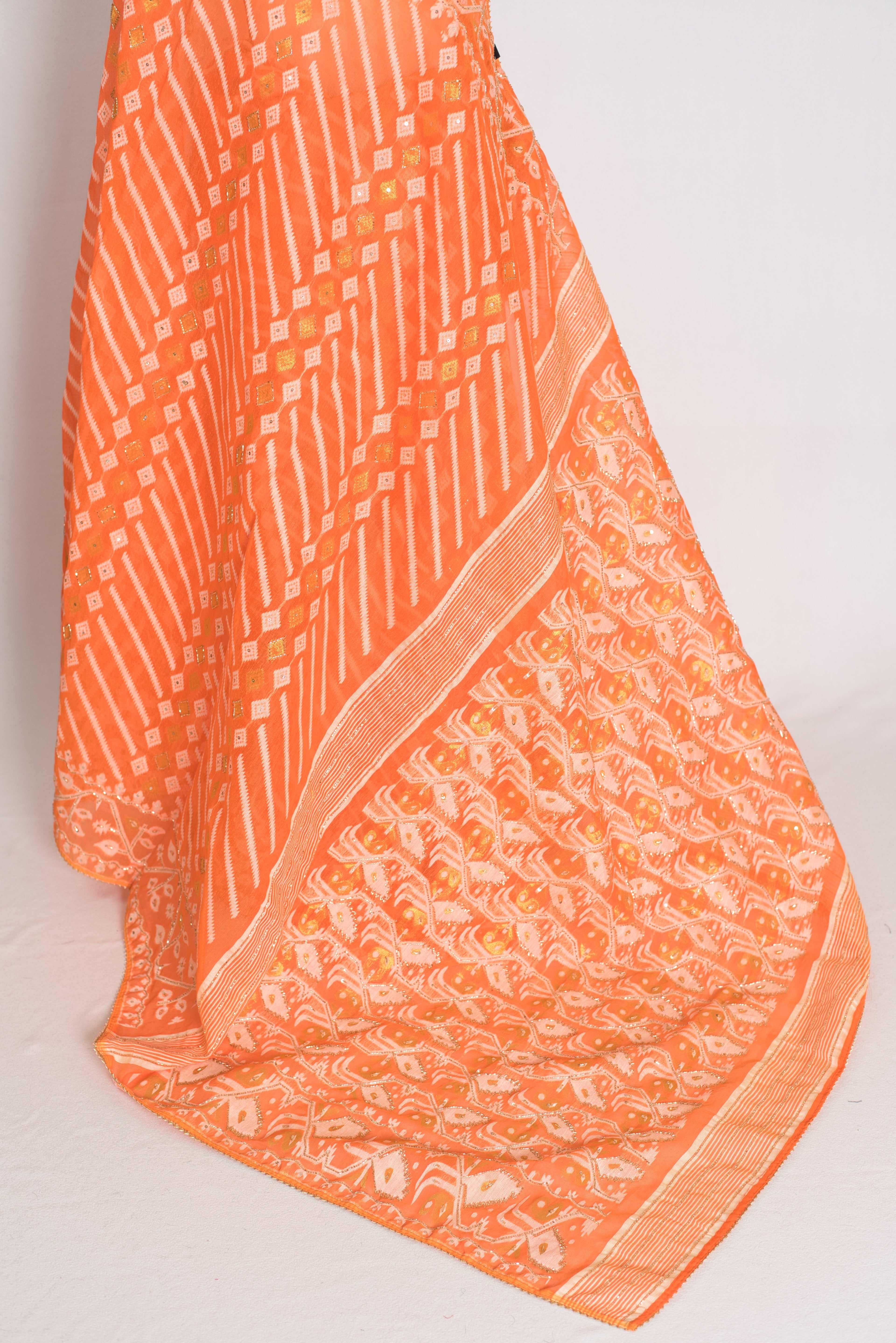 Sia : Festive Orange and White Blended Cotton Jamdani Saree with Hand Embroidery