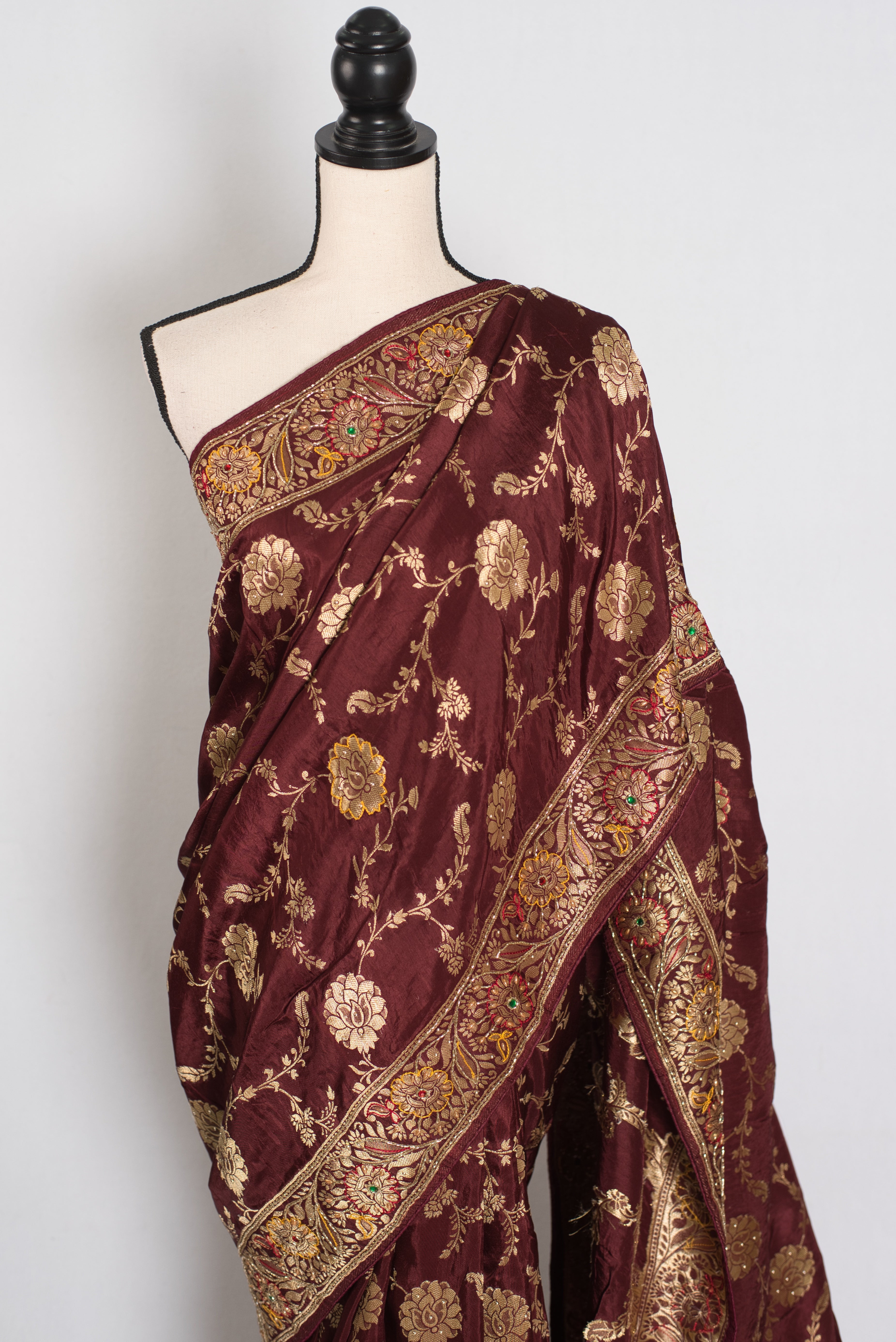 Shruti : Coffee Brown Dola Silk Banarasi Saree with 38 Size Blouse