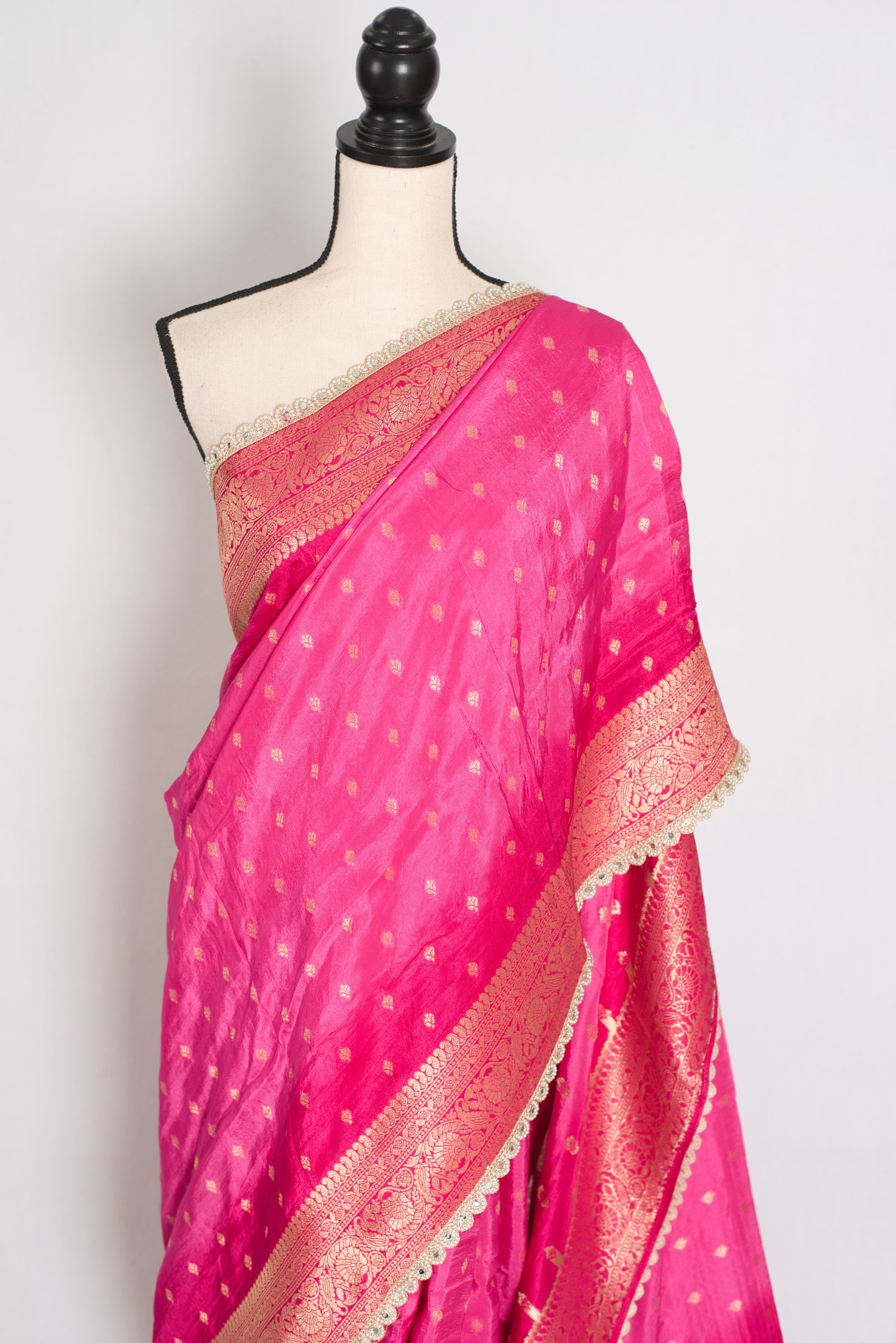 Abira | Pink & Gold Dola Silk Banarasi Saree | Designer Stitched Lace Border