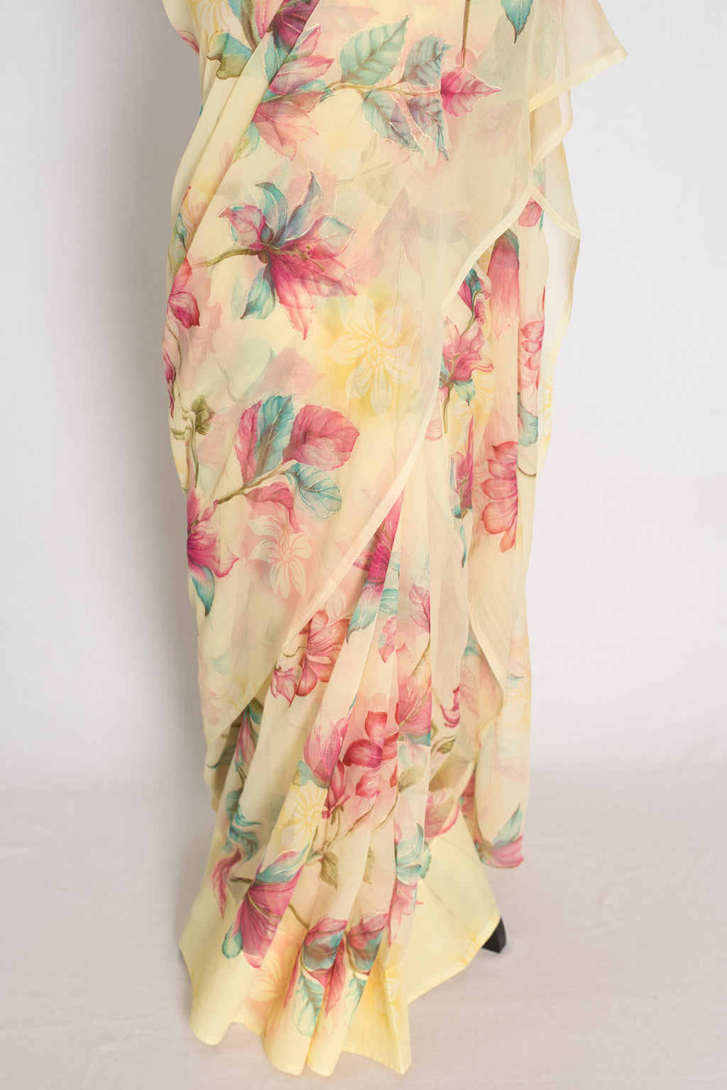 Sia : Light Yellow Floral Printed Chiffon Saree - Budget-Friendly Summer Drape