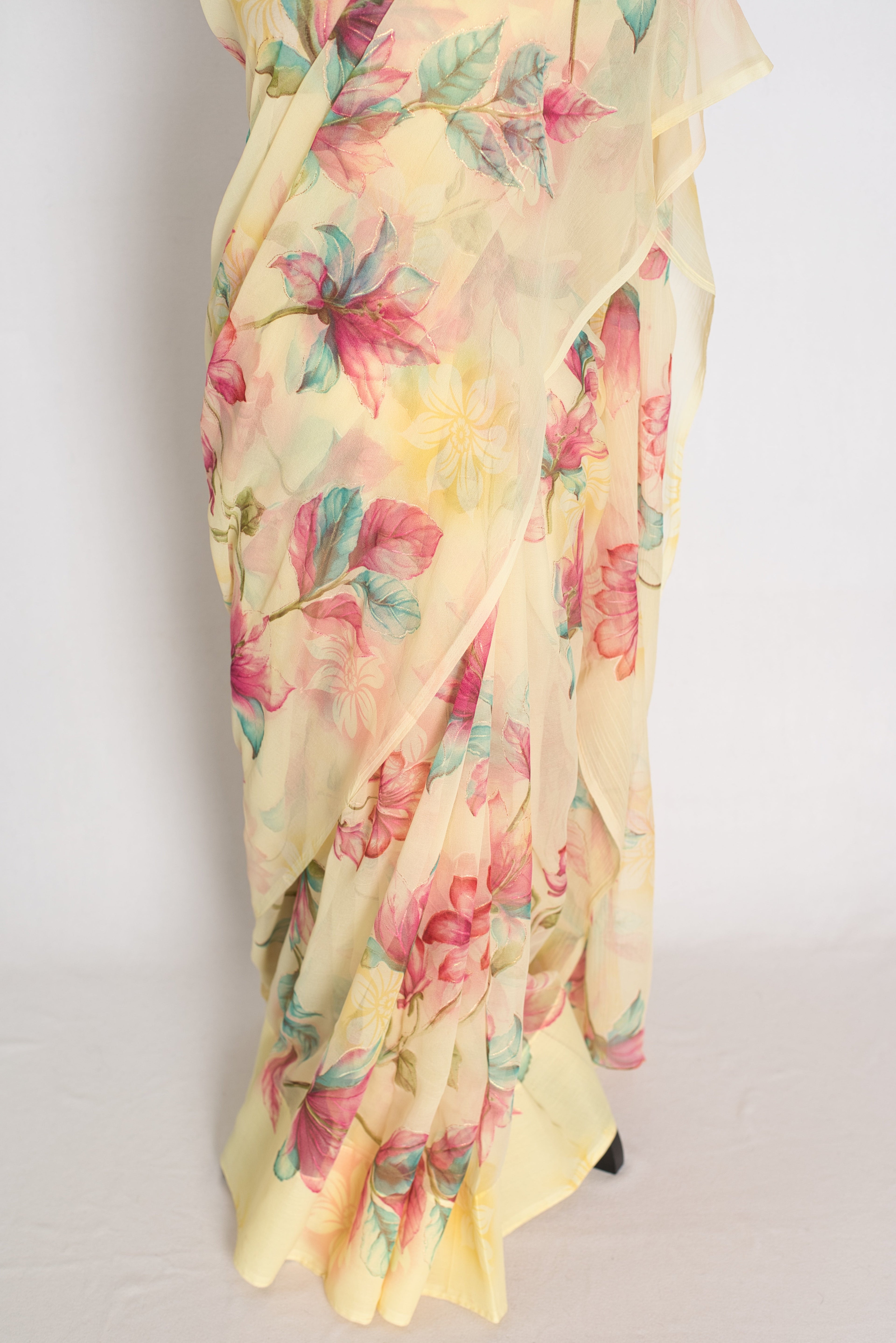 Sia : Light Yellow Floral Printed Chiffon Saree - Budget-Friendly Summer Drape