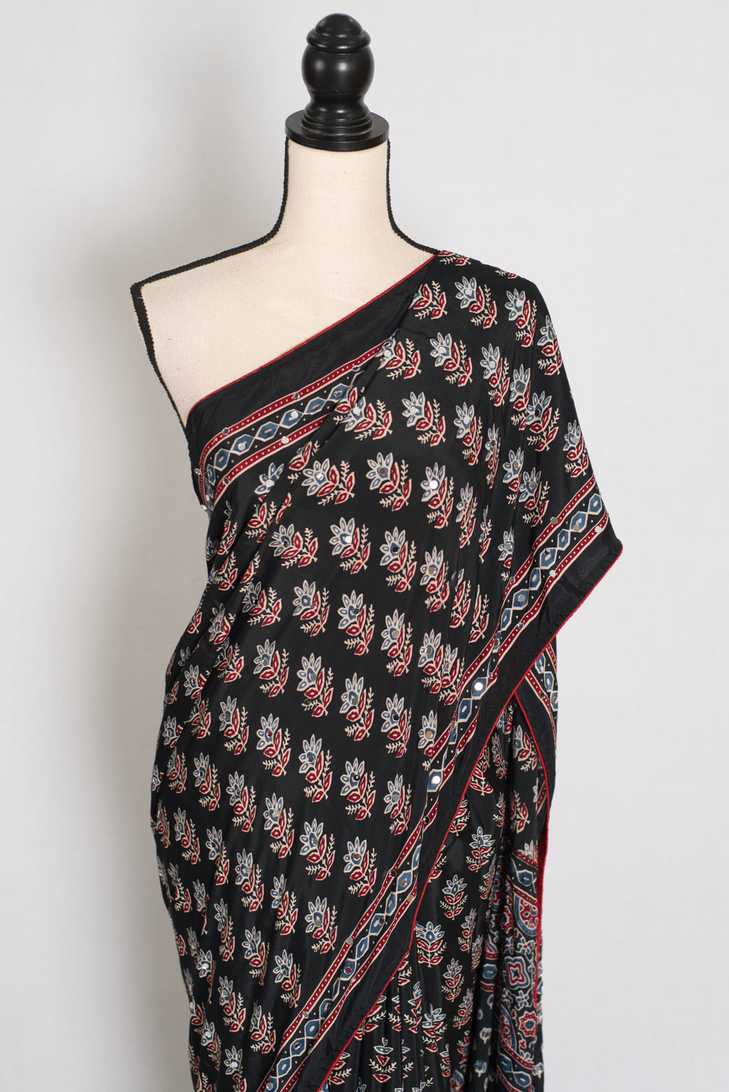Afrin | Black Ajrakh Printed Saree | Mirror Work Semi Modal Silk