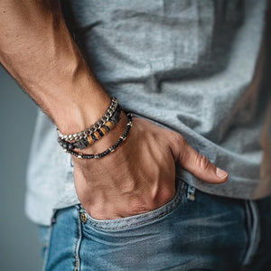 3Pc Mens Beaded Bracelets Silver Stainless Steel Chain Bracelet for Men Handmade Braided Bracelet Sets Jewelry Gifts for Men