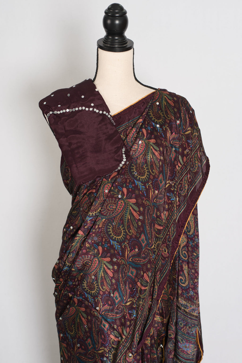 Nirja | Purple Kalamkari Printed Mirror Work Saree | Soft Semi Modal Silk