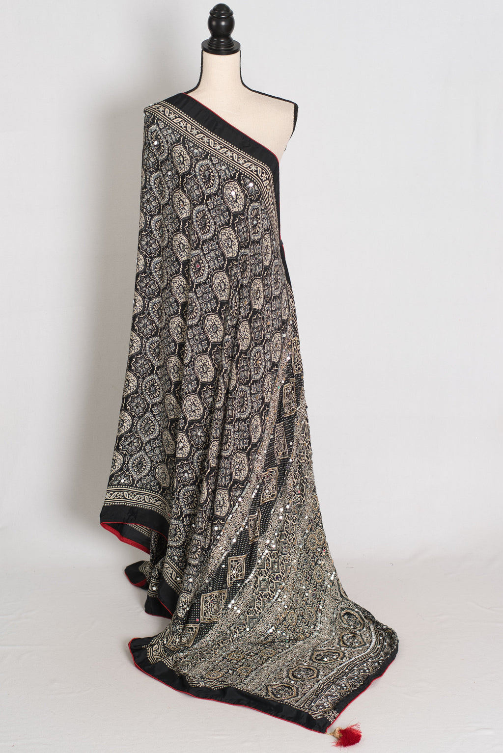 Ishq : Trending Black and Gray Semi Modal Silk Ajrakh Saree