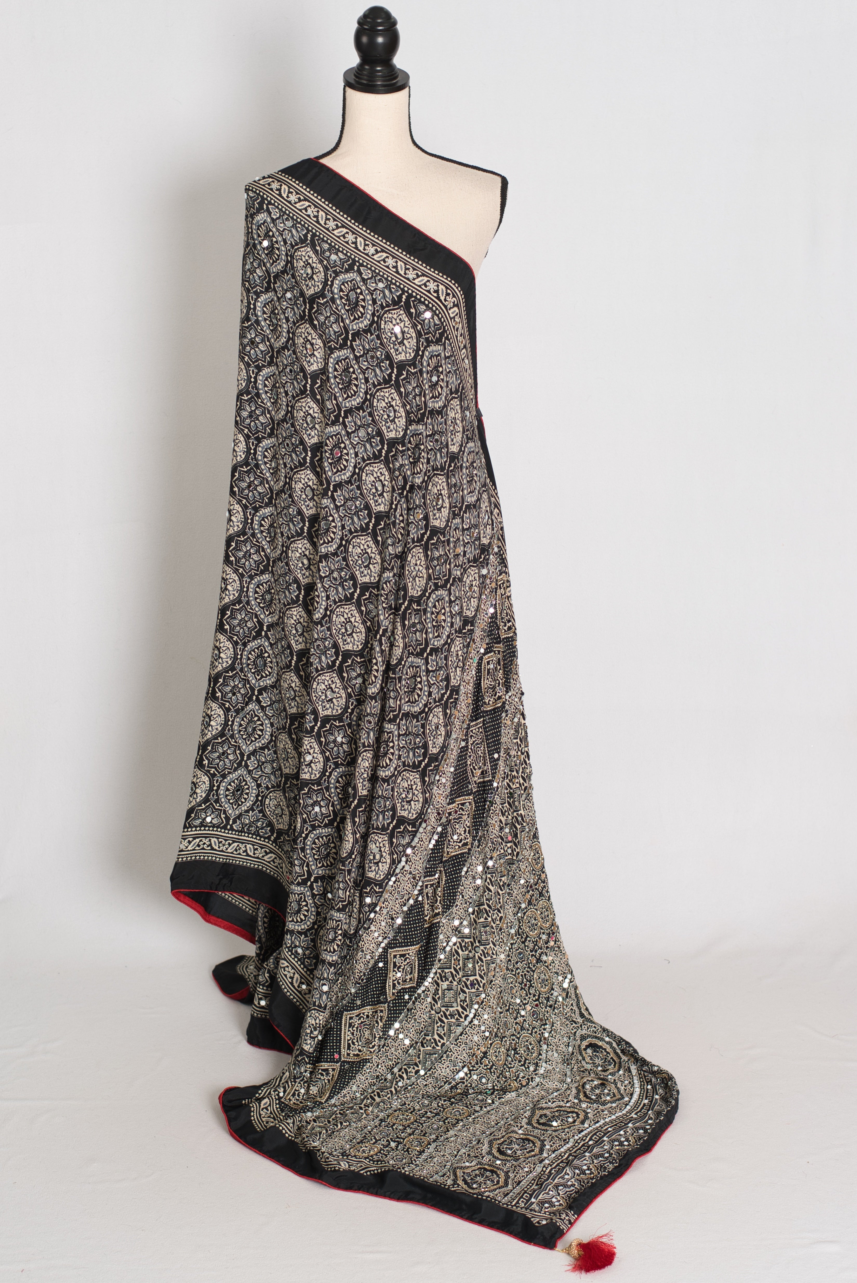 Ishq : Trending Black and Gray Semi Modal Silk Ajrakh Saree