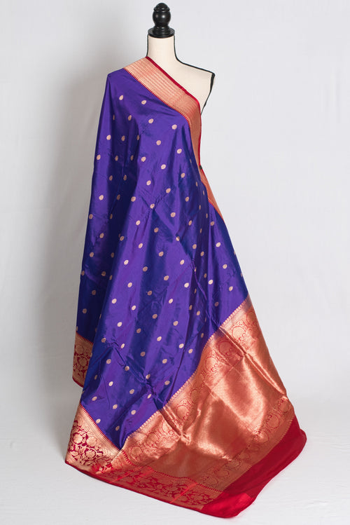 Devangana : Silk Mark Certified Blue and Red Katan Banarasi Silk Saree