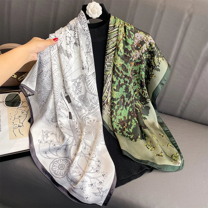 2024 Silk Scarf Scarftop Headwraps For Women Vintage Four Seasons Hair Scarve 110x110cm Hijab Foulard Bandana Femme Headscarf