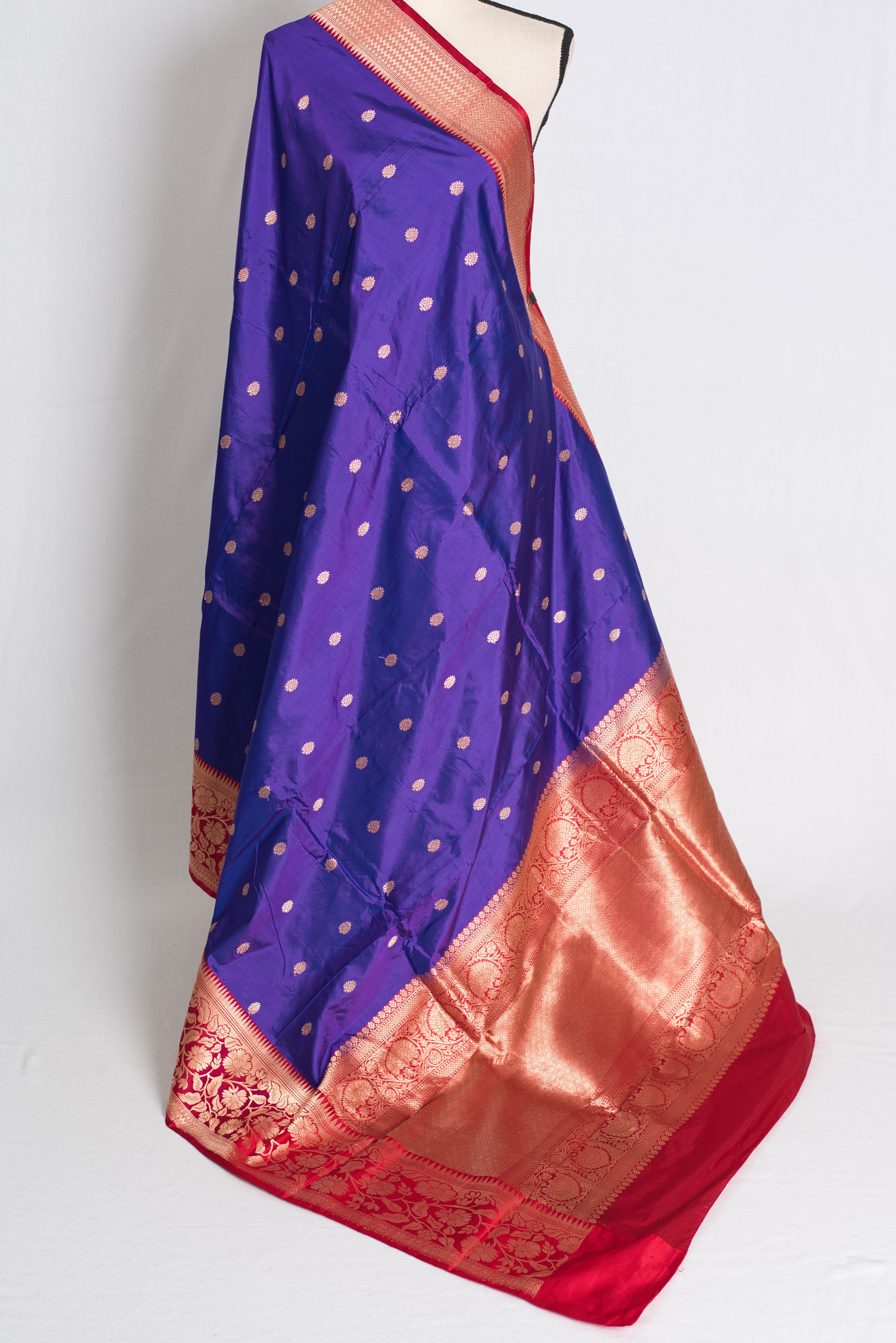Devangana : Silk Mark Certified Blue and Red Katan Banarasi Silk Saree