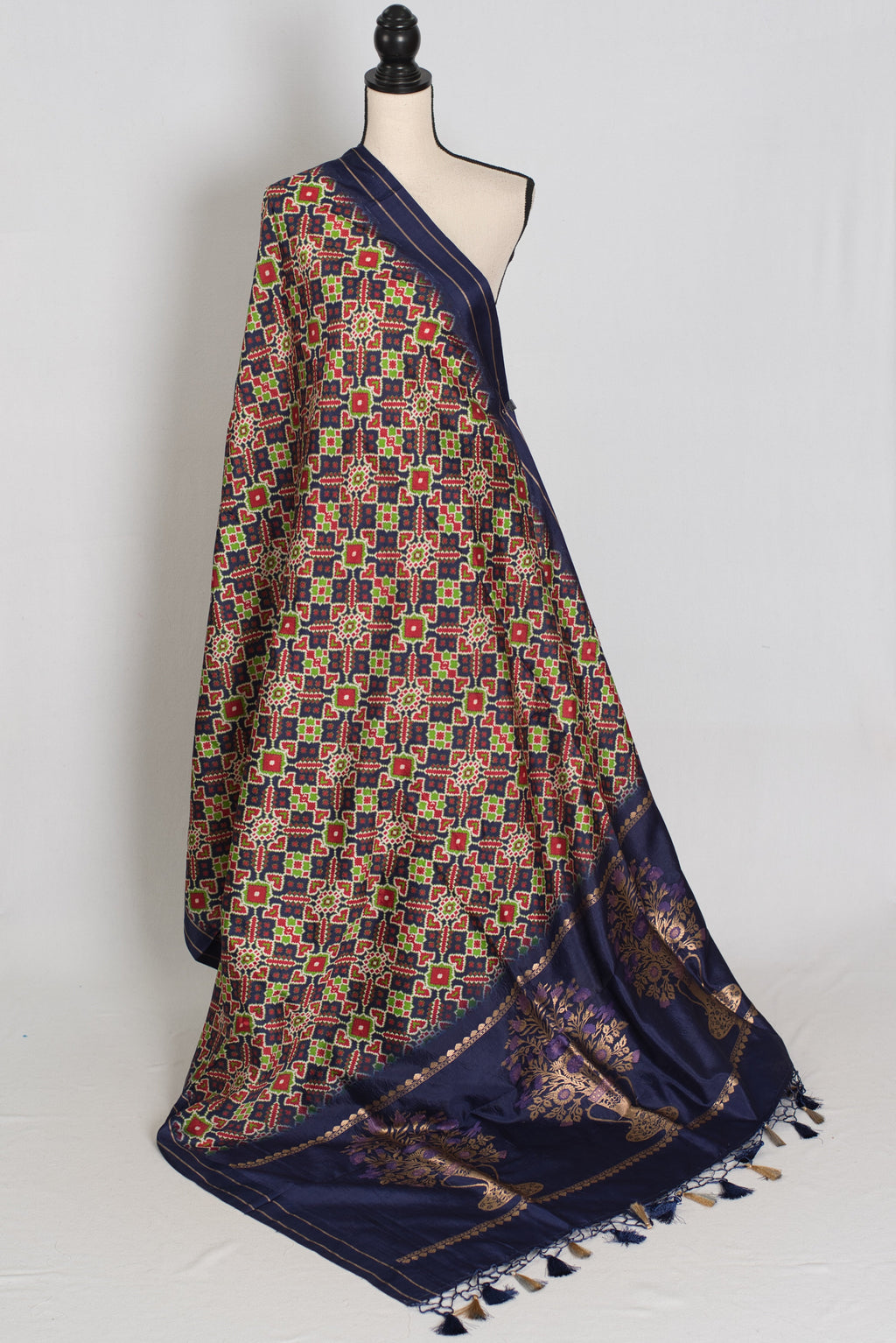 Leela : Navy Blue Ikkat Print Banarasi Silk Saree – with 36 Size Blouse