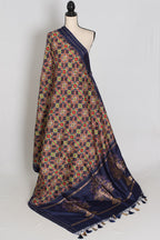 Leela : Navy Blue Ikkat Print Banarasi Silk Saree – with 36 Size Blouse