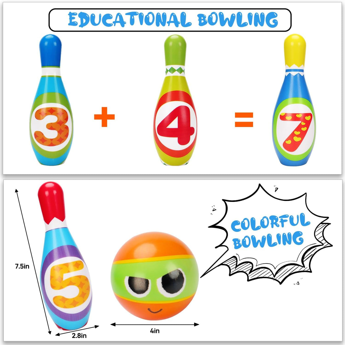 Kids Bowling Toy Set, Indoor Outdoor Activity Play Game Toys for Boy Girl, Soft 10 Foam Bowling Pins & 2 Balls, Educational Children Birthday Party Gifts