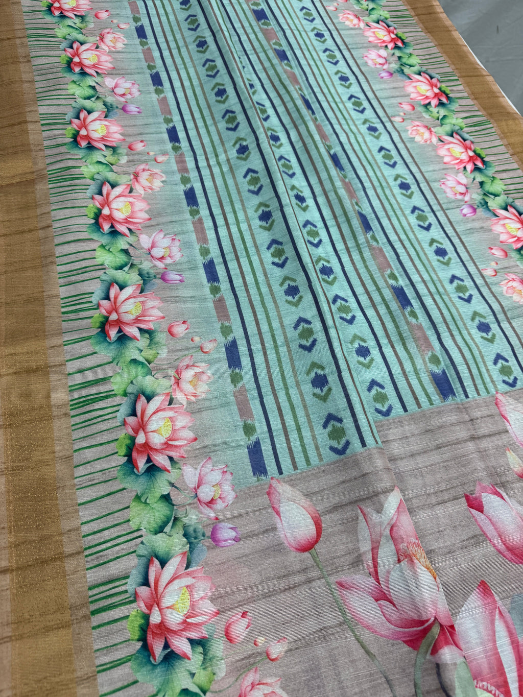 Soma | Sea Green & Earthy Brown Ikkat Fusion Semi Tussar Saree