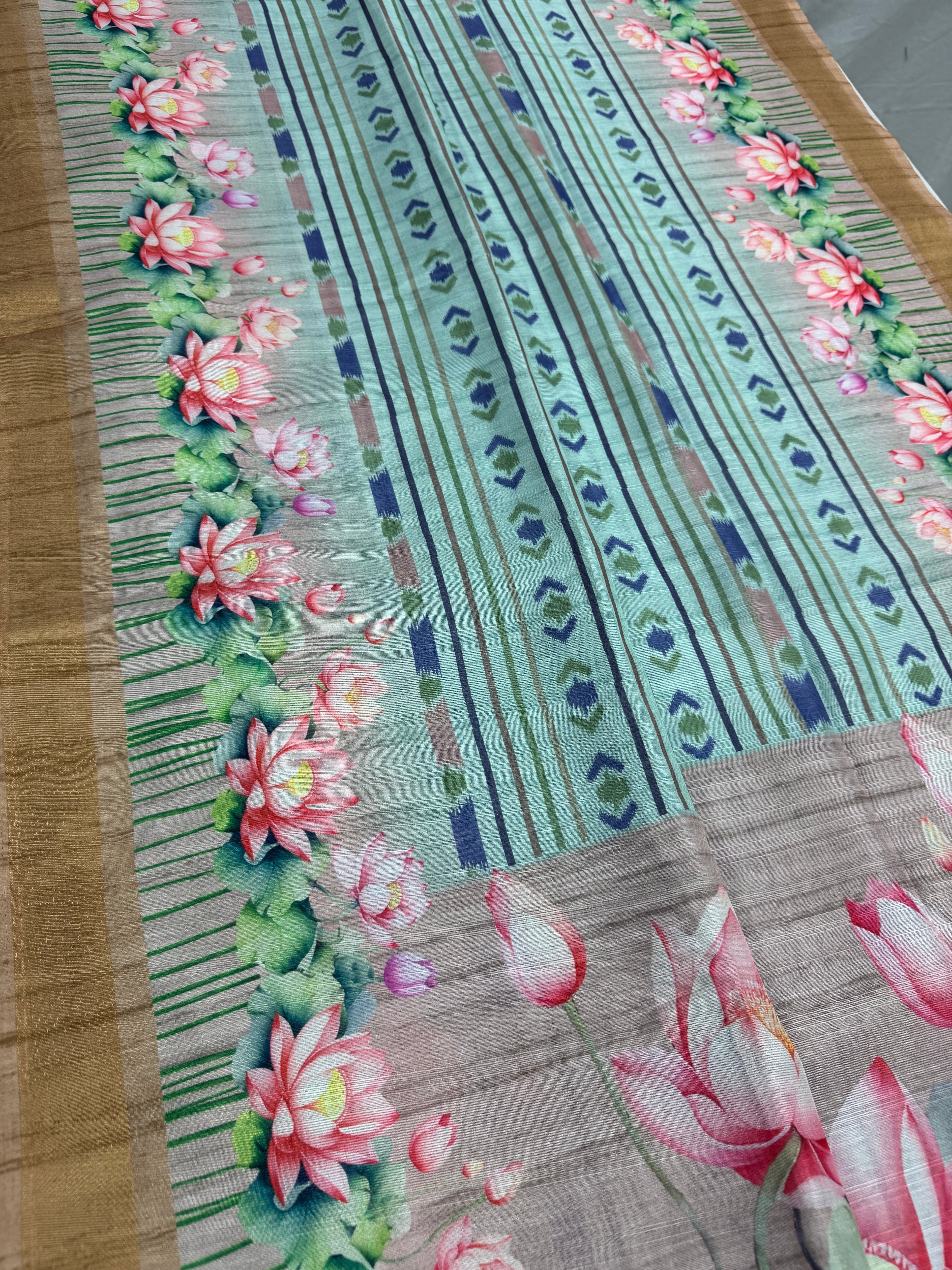 Soma | Sea Green & Earthy Brown Ikkat Fusion Semi Tussar Saree