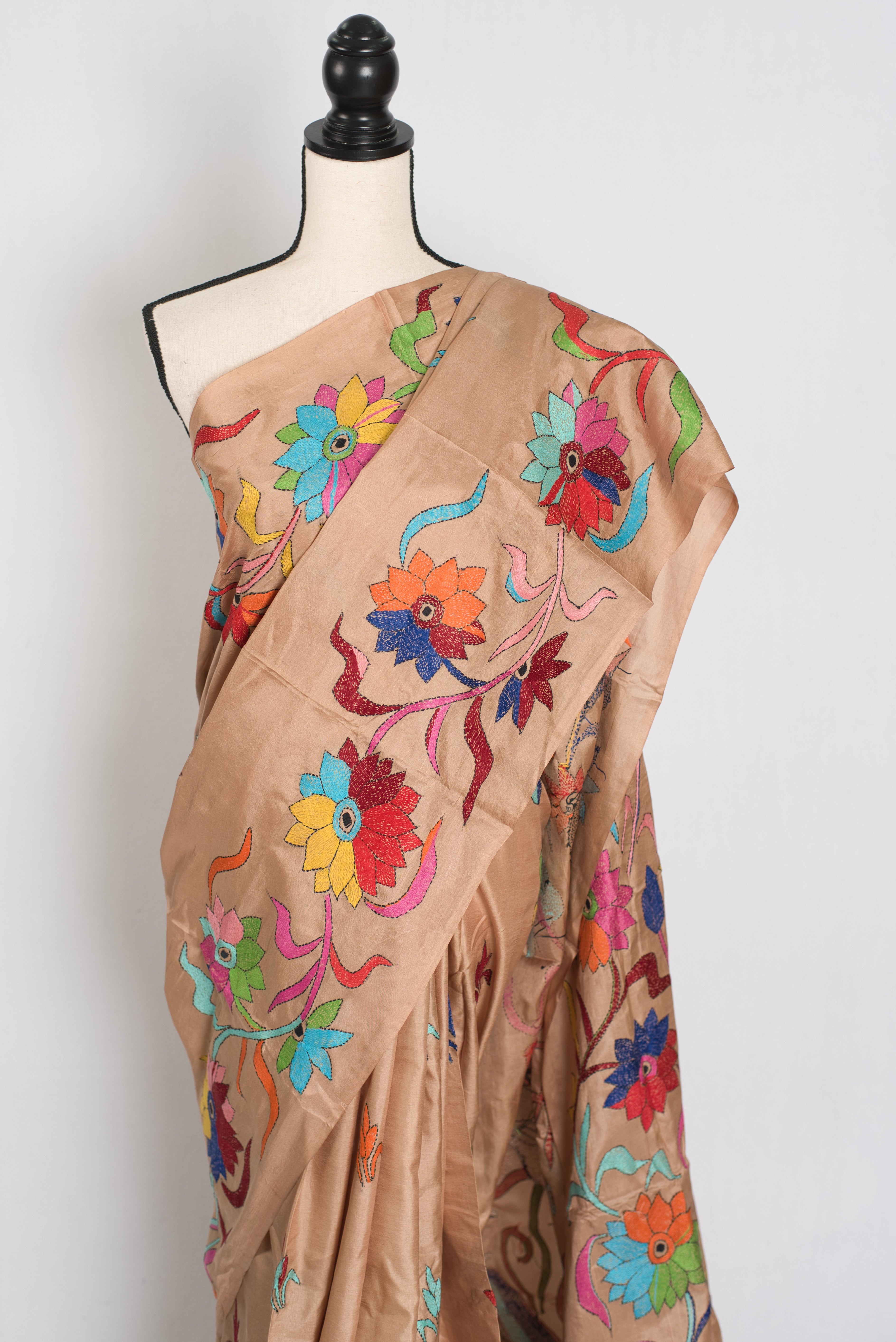 Malati: Silk Mark Certified Hand Embroidery Kantha Silk Saree in Brown