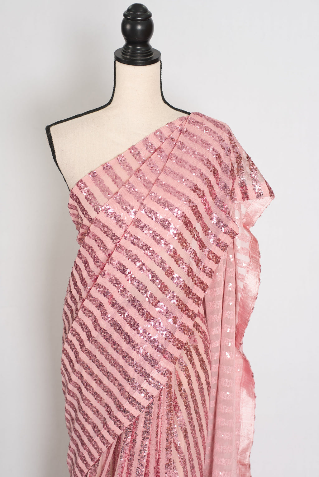 Afrin | Pink Soft Net Sequin Saree | Linear Shimmer Stripe Patterns