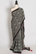 Ishq : Trending Black and Gray Semi Modal Silk Ajrakh Saree