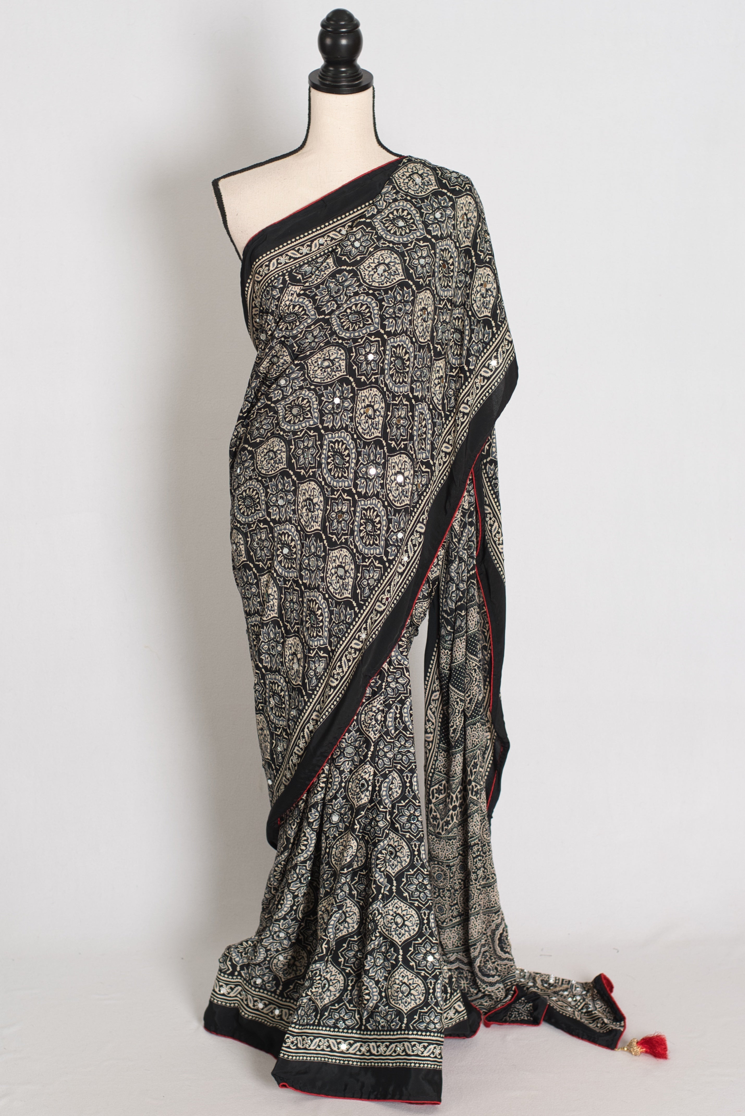 Ishq : Trending Black and Gray Semi Modal Silk Ajrakh Saree