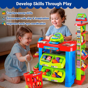 Supermarket Playset for Kids — Grocery Store Pretend Play with Toy Shopping Cart, Cash Register, Scanner & Play Food Accessories – Fun Gift for Ages 3+