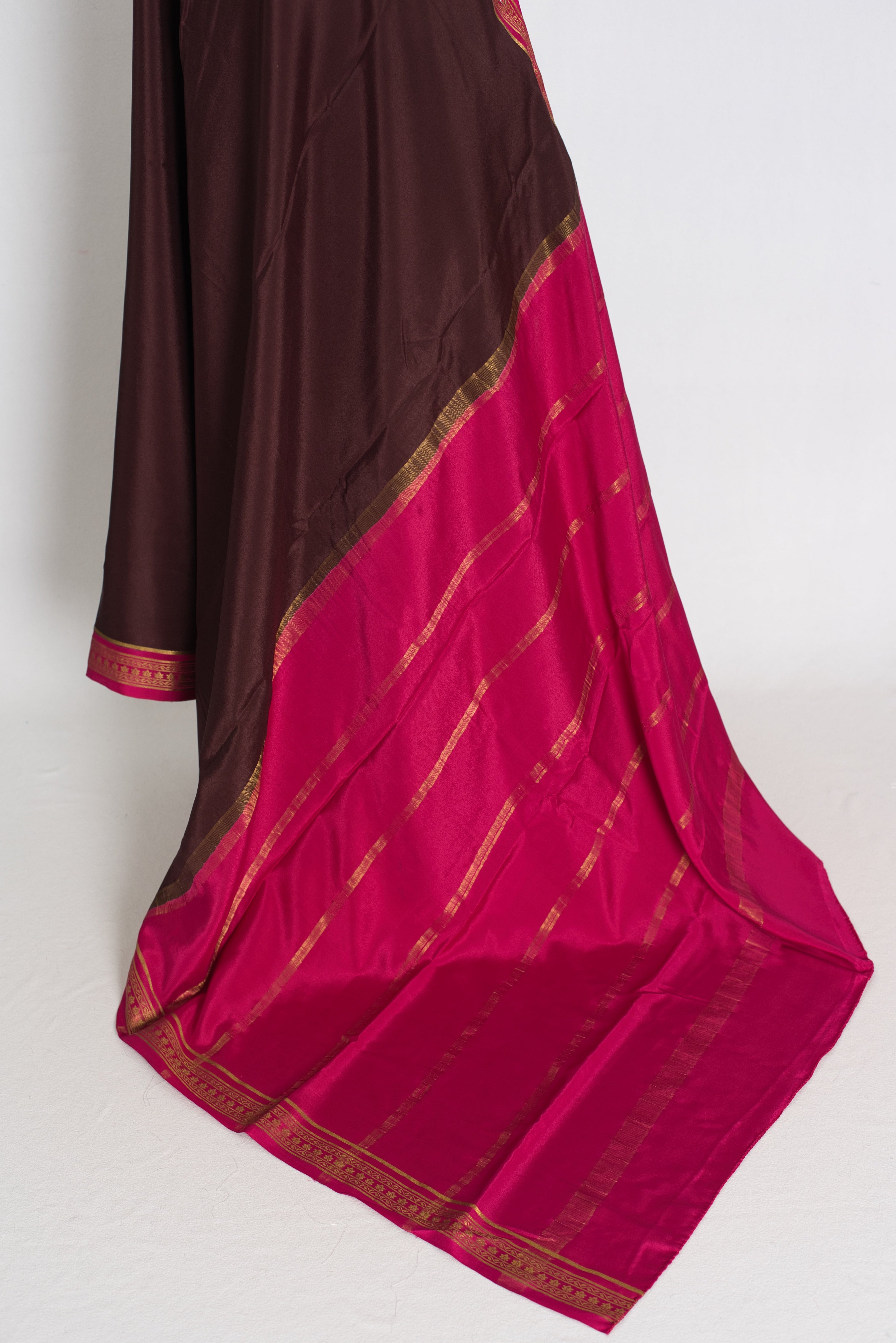 Devi : Brown and Pink Pure Mysore Crepe Silk Saree with 38 Size Stitched Blouse