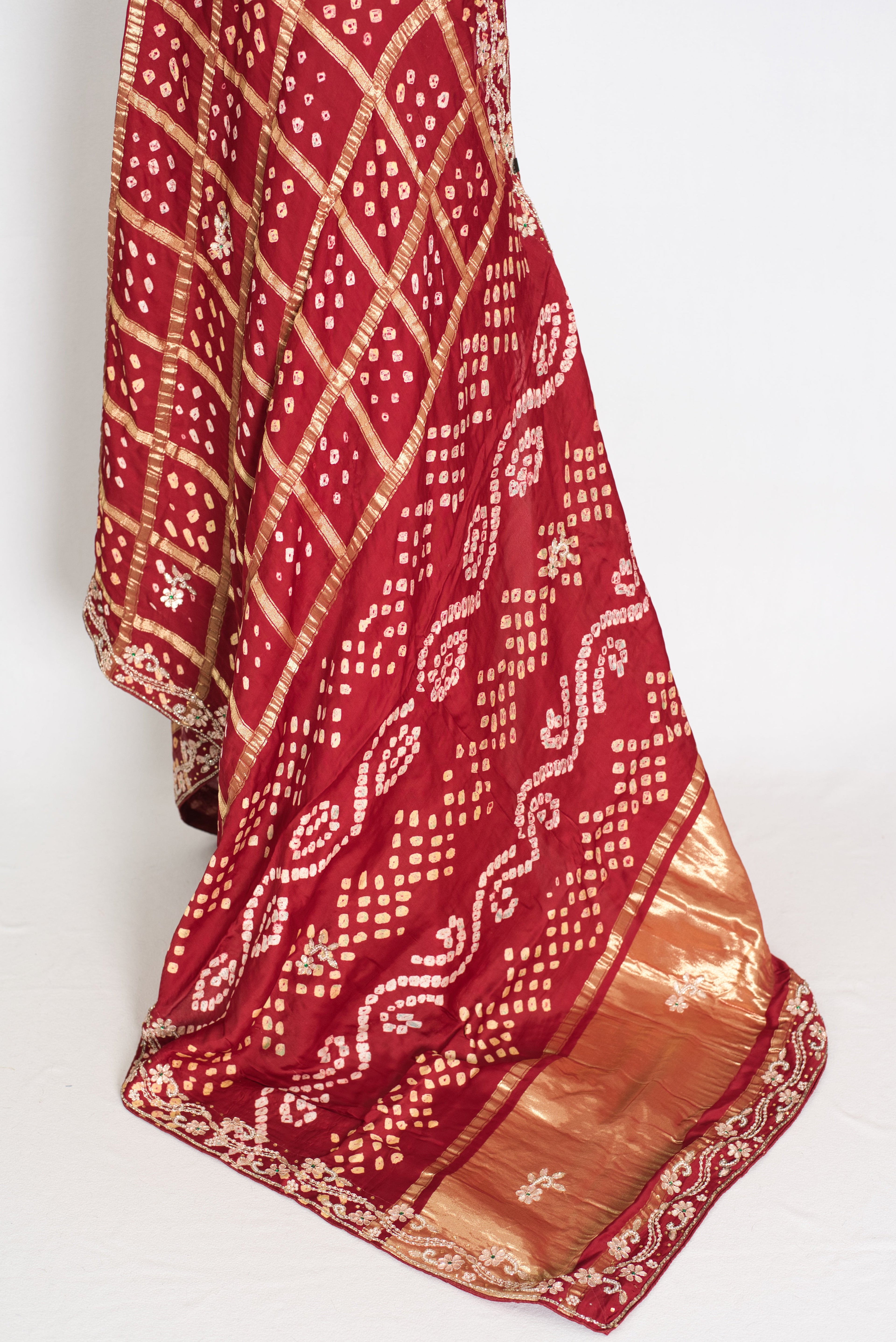 Roshni | Maroon Gharchola Gajji Silk Saree | Zardosi Gota Patti Hand Embroidery