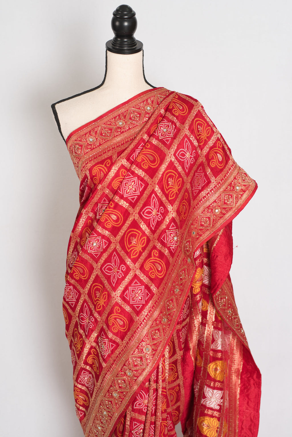 Radha | Red Dola Silk Gharchola Banarasi Saree | Hand-Embroidered Border & Pallu