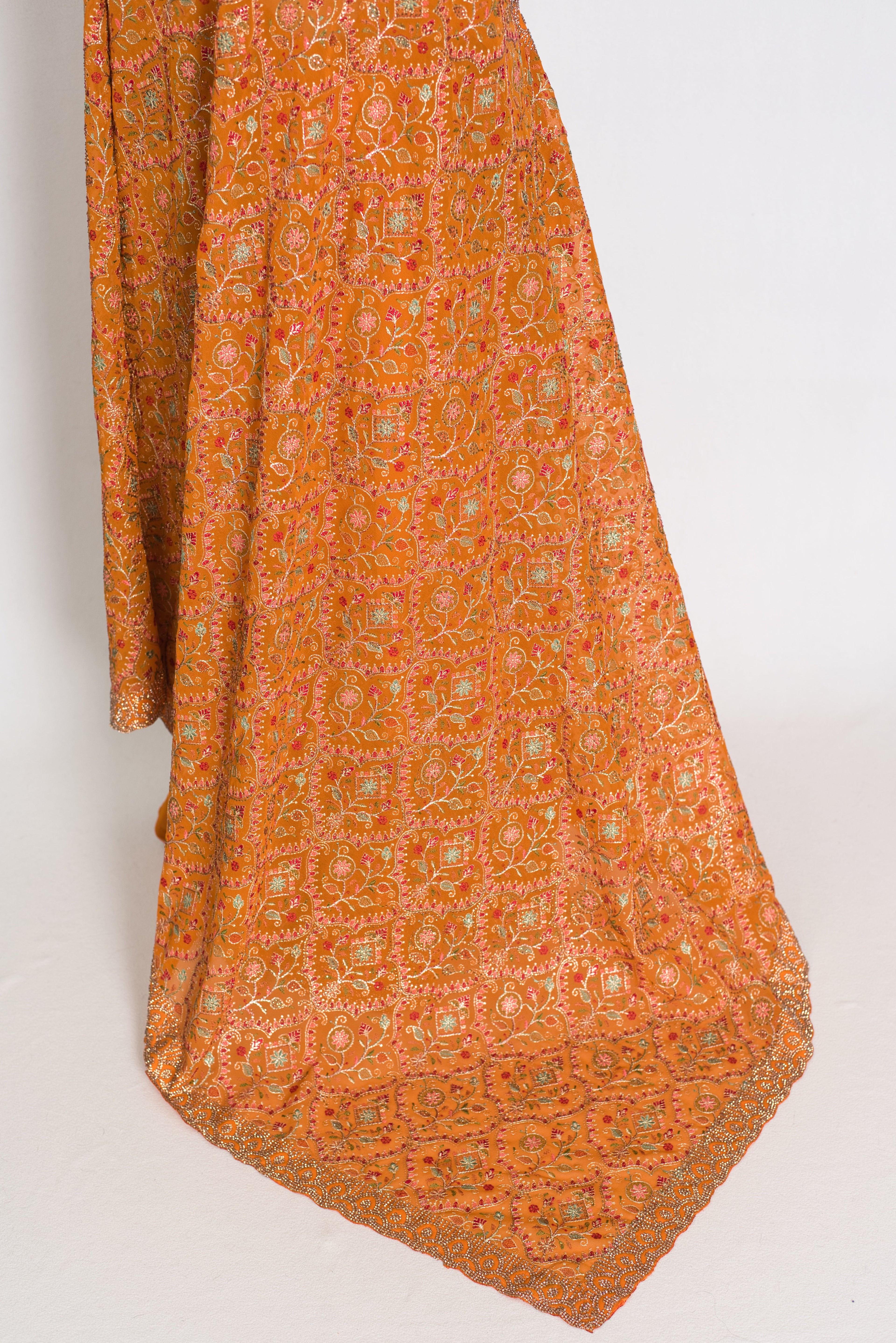 Hira | Orange Georgette Kashmiri Embroidery Saree | Perfect Haldi Wear
