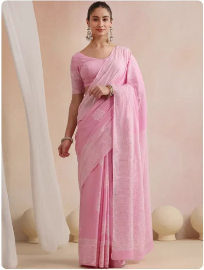 Indonesia and Nepal Chiffon Light Pink Cotton-Linen Ethnic Festival Traditional Print