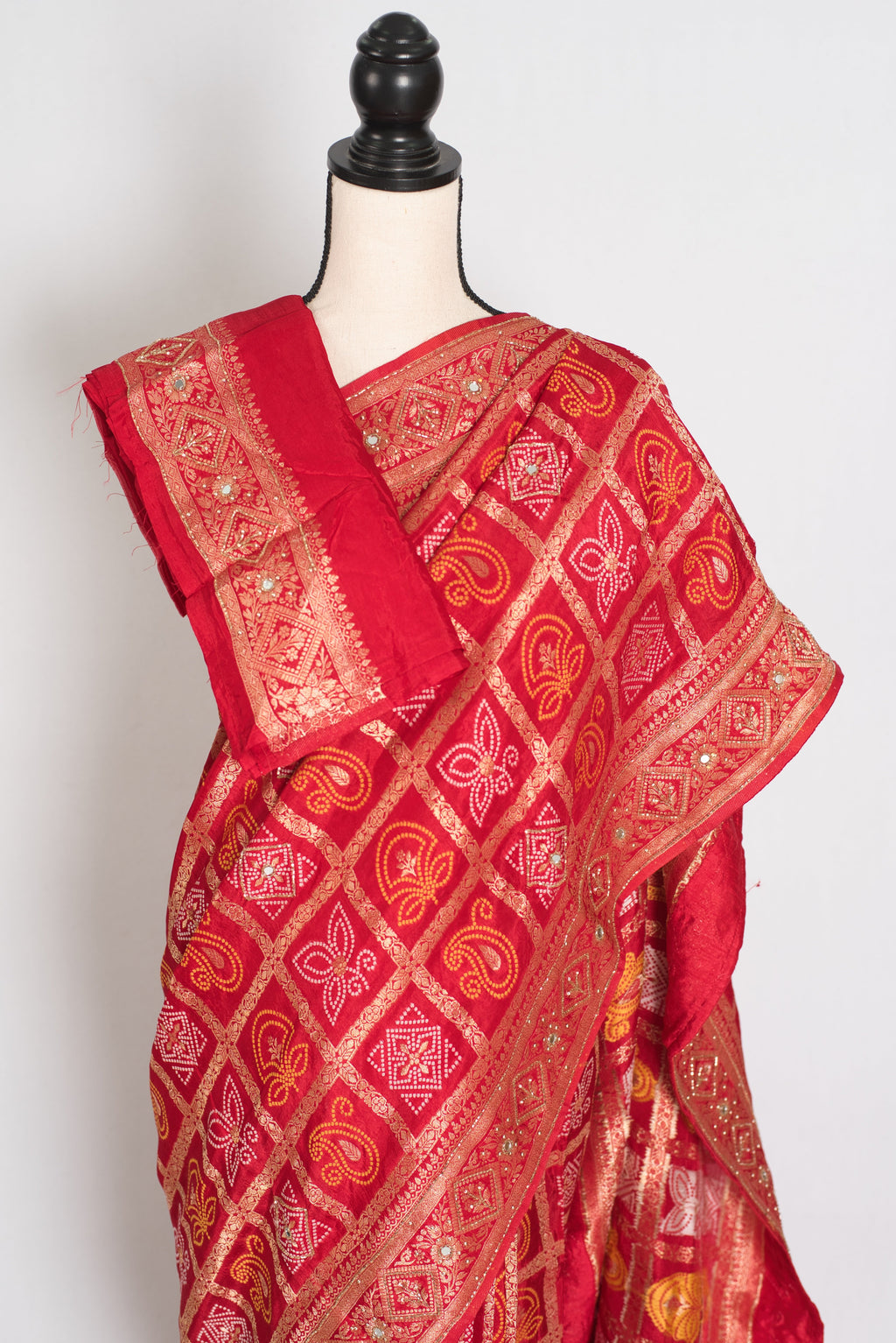 Radha | Red Dola Silk Gharchola Banarasi Saree | Hand-Embroidered Border & Pallu