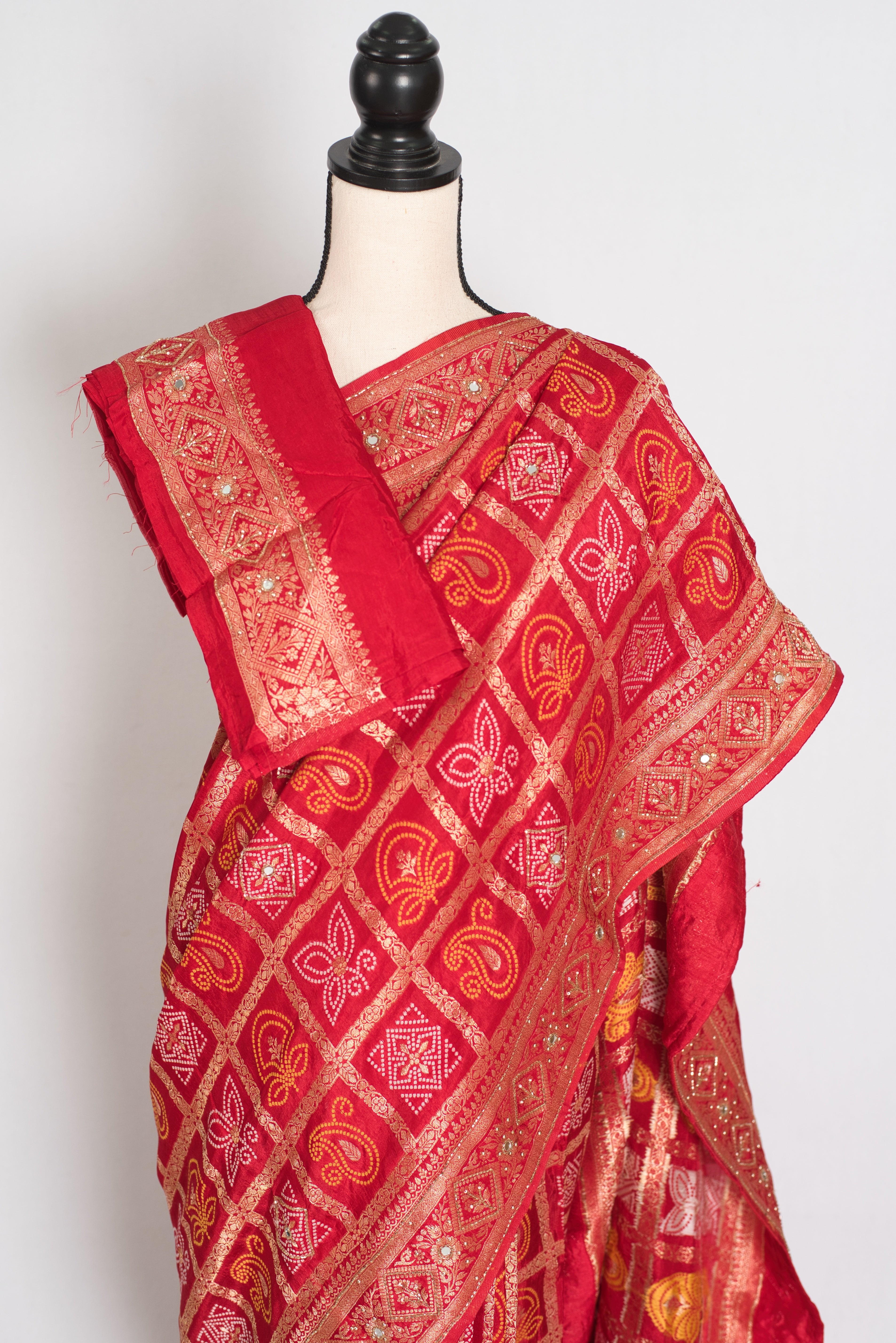 Radha | Red Dola Silk Gharchola Banarasi Saree | Hand-Embroidered Border & Pallu