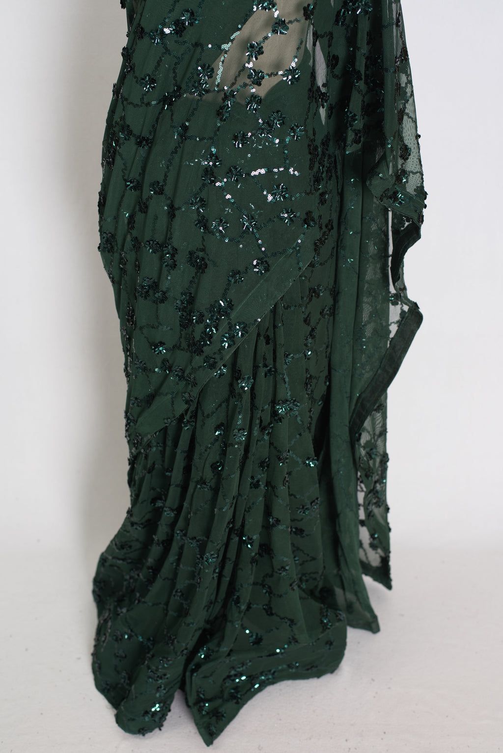 Gia | Bottle Green Soft Net Sequin Saree | Glamorous Evening Cocktail Partywear