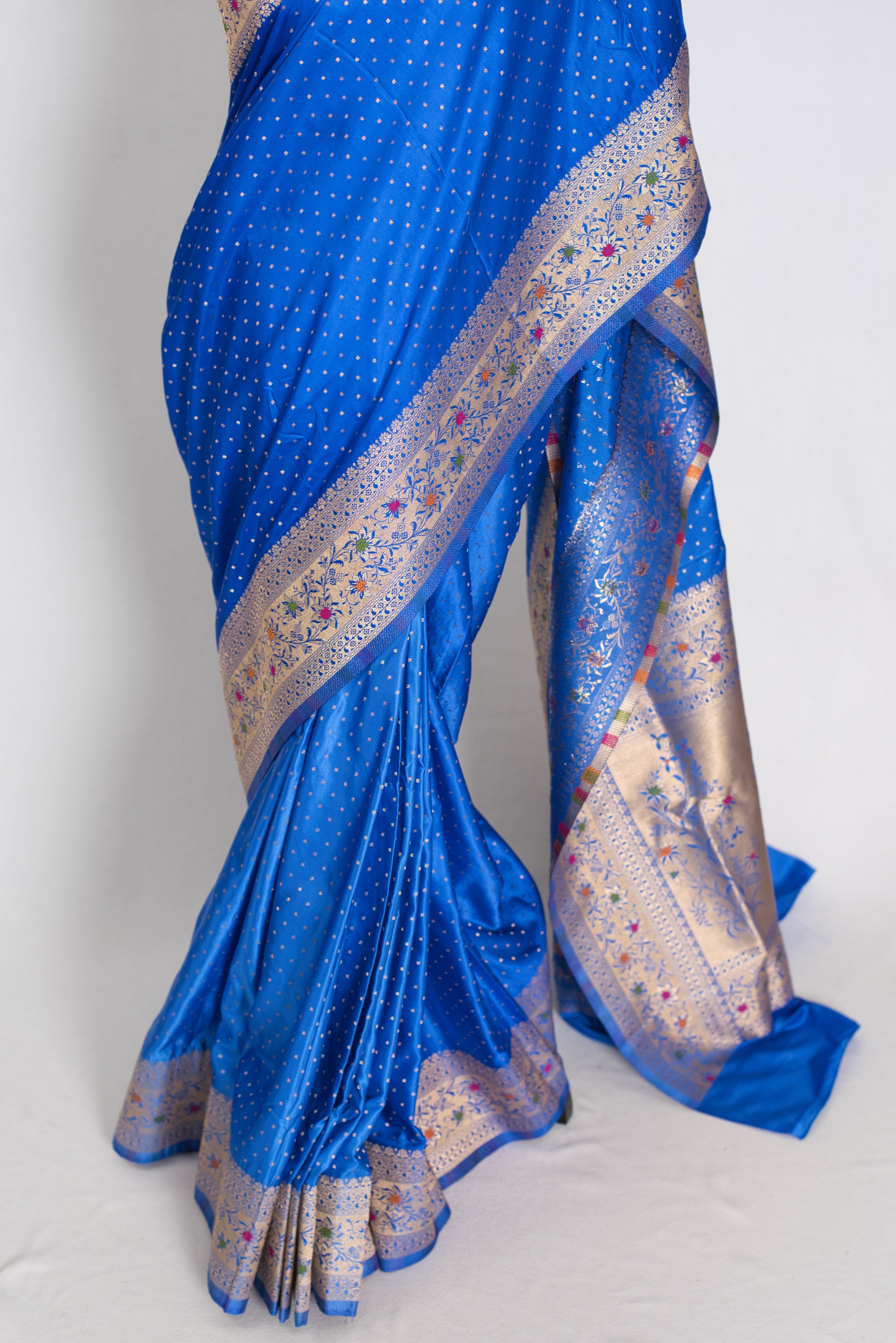 Nila | Blue Semi Mashru Banarasi Saree | Pre-Stitched Size 42 Brocade Blouse