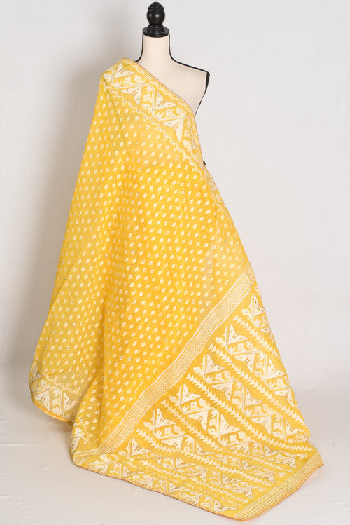Gita – Bright Yellow and White Blended Cotton Jamdani Saree