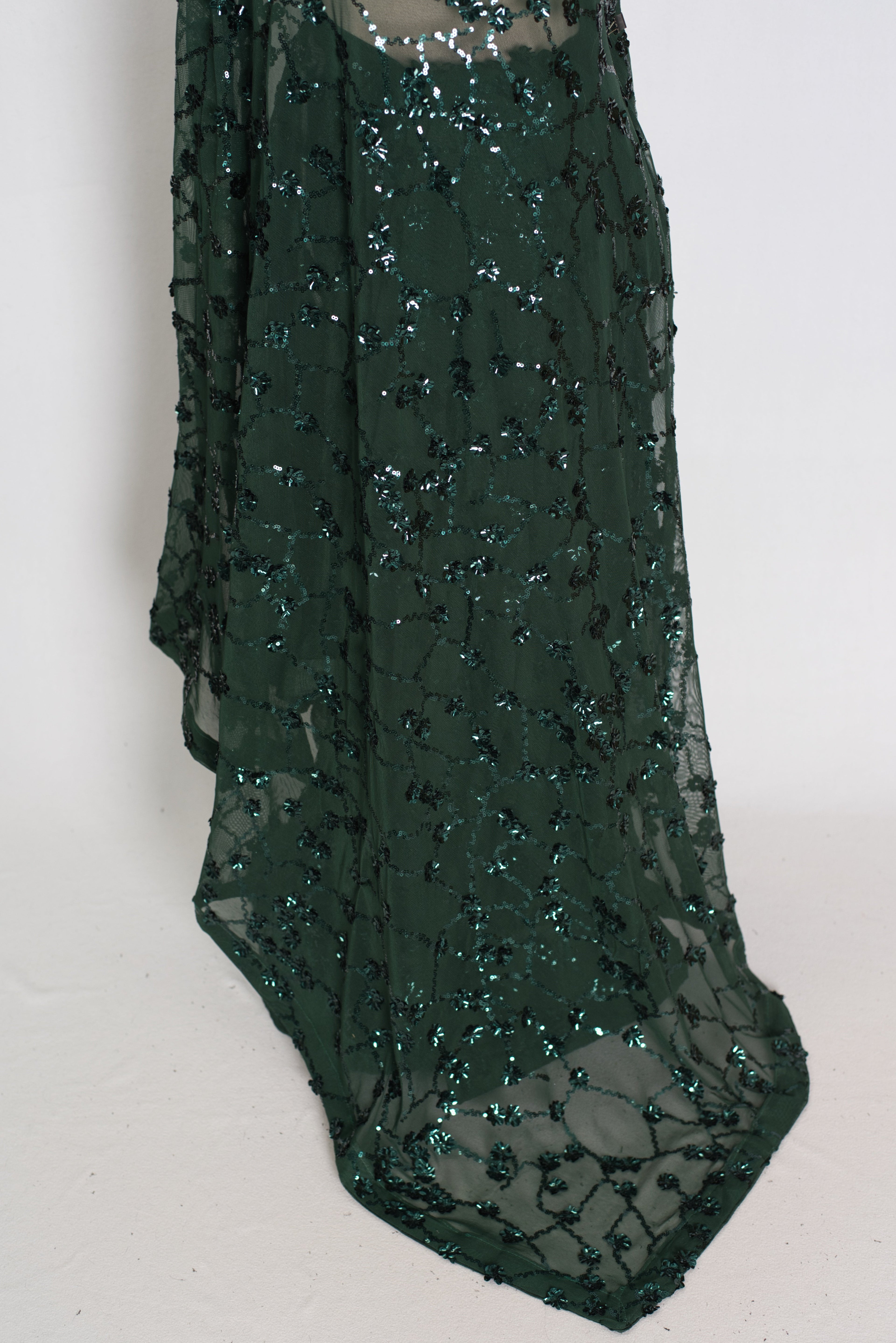 Gia | Bottle Green Soft Net Sequin Saree | Glamorous Evening Cocktail Partywear