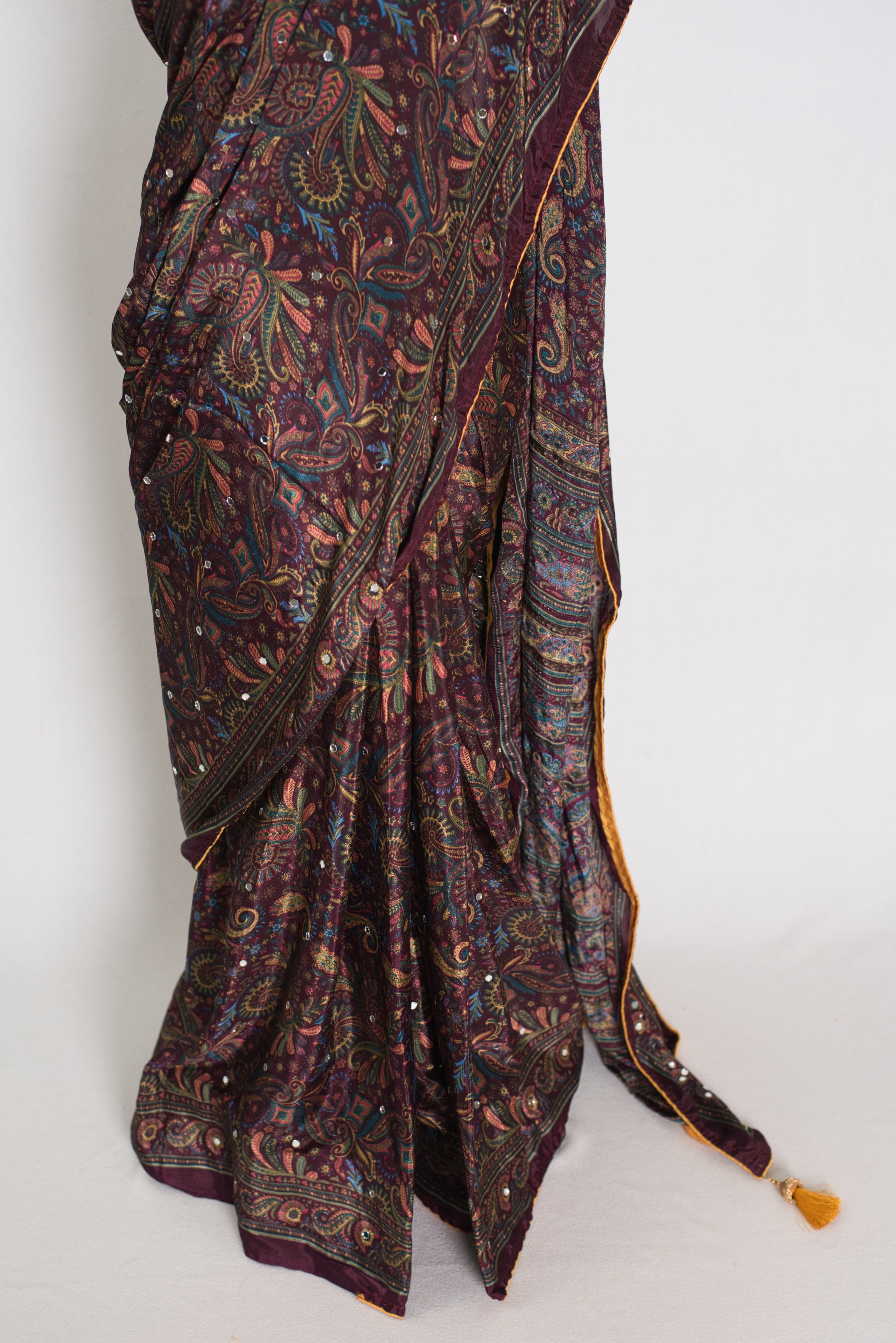 Nirja | Purple Kalamkari Printed Mirror Work Saree | Soft Semi Modal Silk