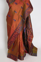 Nita | Brown and Blue Handwoven Baluchari Silk Saree with Blue Minakari Detail