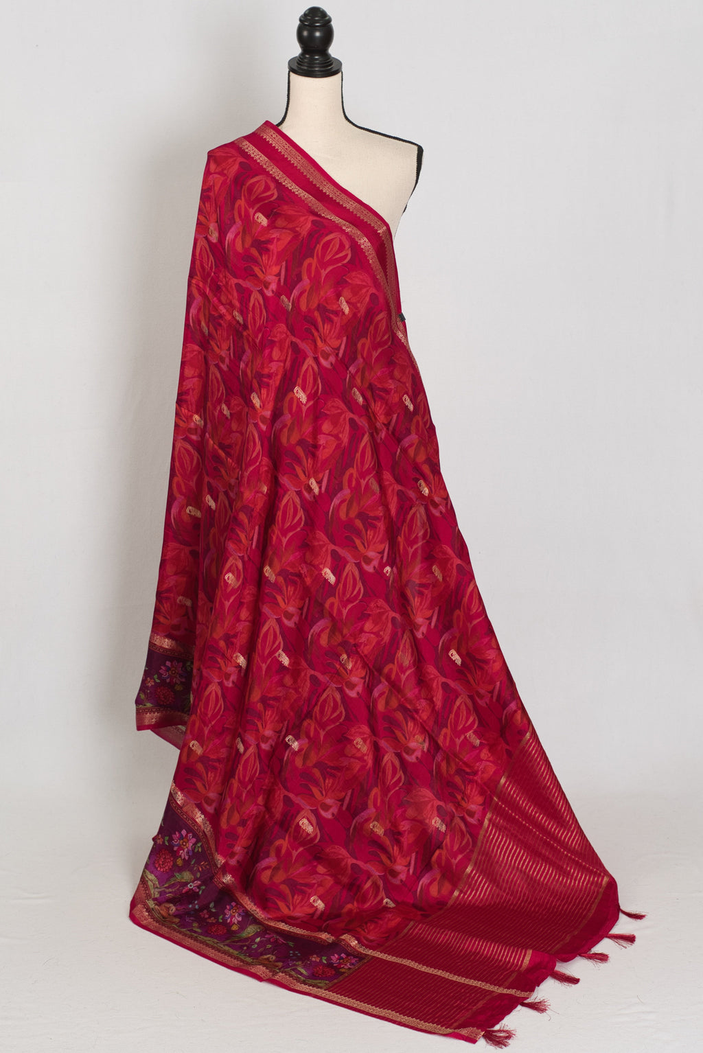 Stuti | Dark Rose Pink Dola Silk Banarasi Saree | Contrast Purple Floral Printed