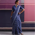 Indian Traditional Thin Deep Blue Printed Cotton and Linen Sari