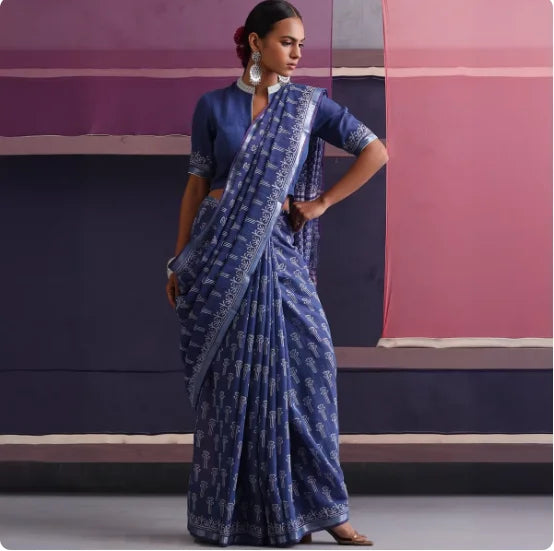 Indian Traditional Thin Deep Blue Printed Cotton and Linen Sari