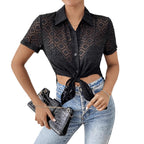 Womens Solid-Color Fashion Jacquard Chiffon Short-Sleeve Top