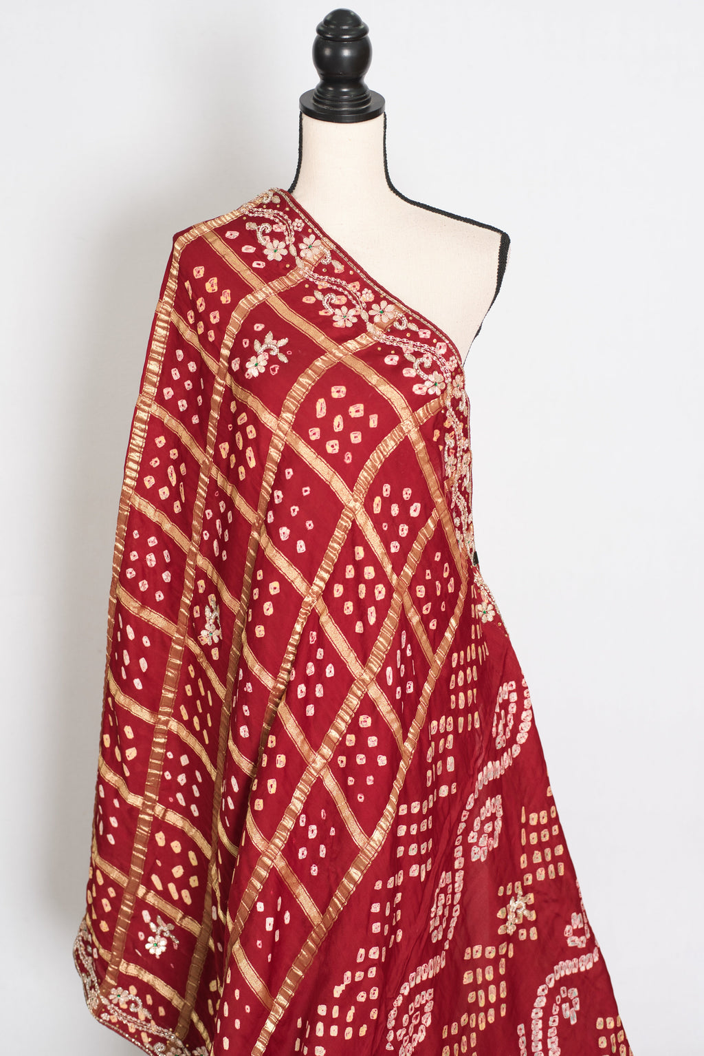Roshni | Maroon Gharchola Gajji Silk Saree | Zardosi Gota Patti Hand Embroidery