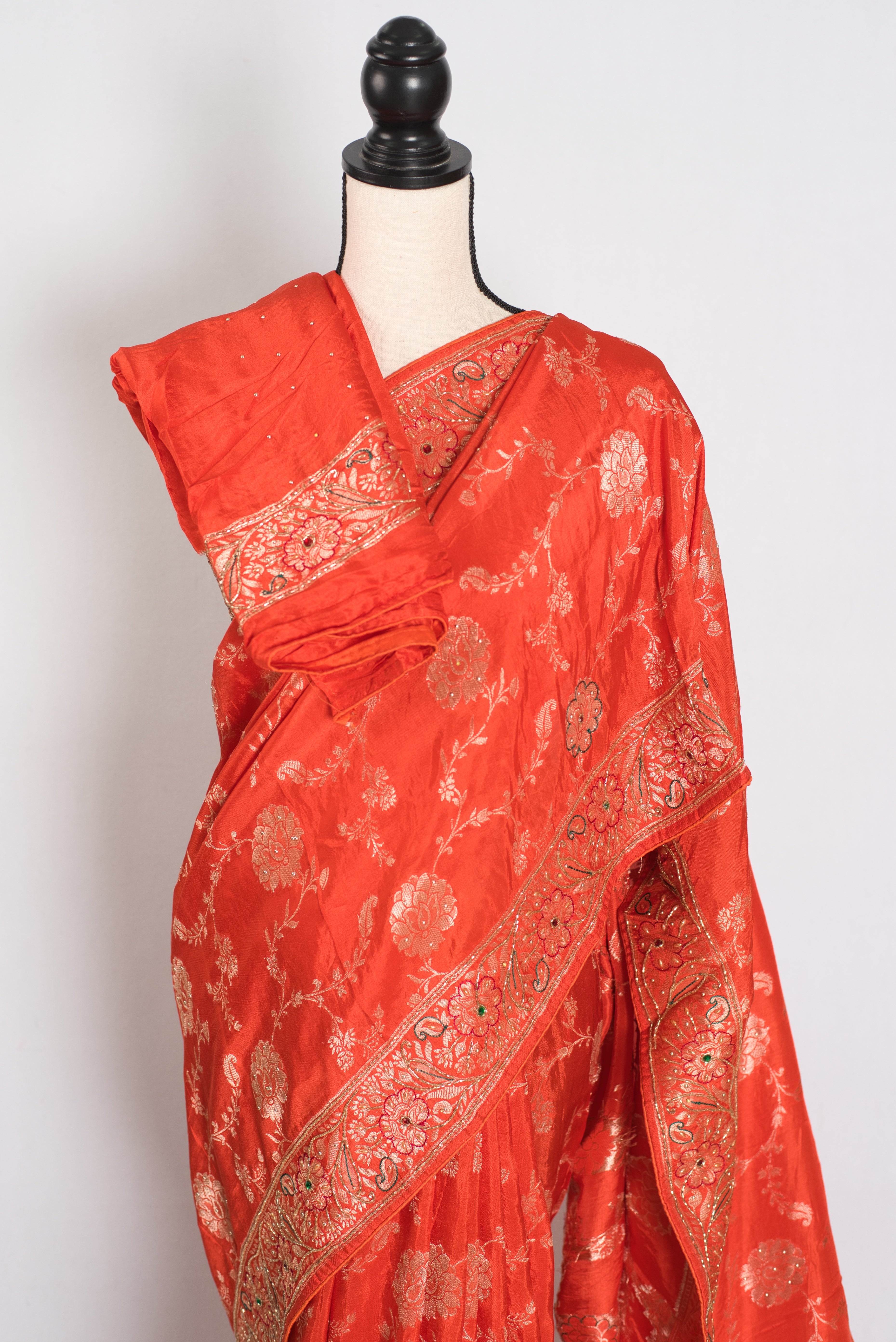 Mahi : Orange and Gold Dola Silk Banarasi Saree – with Hand Embroidery