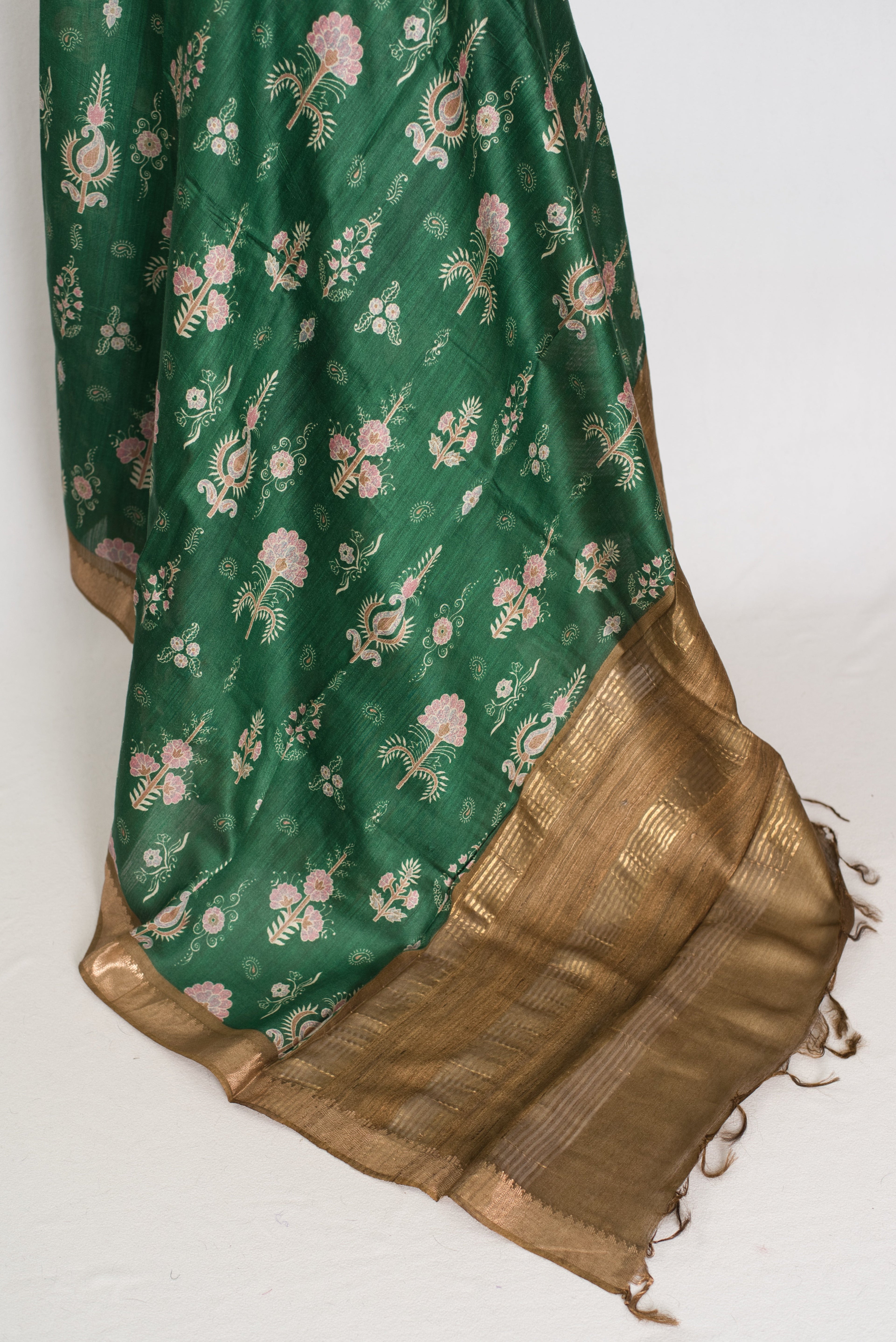 Ahalya | Forest Green Pure Muga Tussar Silk Saree | Contemporary Abstract Prints