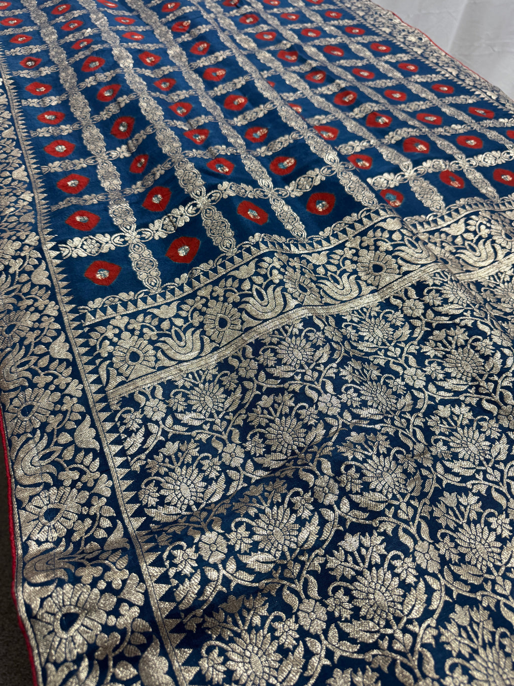 Parul | Dark Blue & Red Gharchola Banarasi Saree | Silver Zari Dola Silk