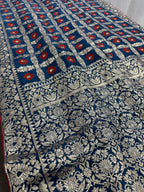 Parul | Dark Blue & Red Gharchola Banarasi Saree | Silver Zari Dola Silk